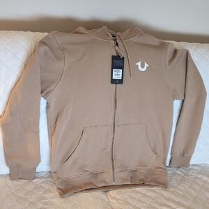 NWT True Religion Brand Jeans Size L Tan/Brown Zip Up Hoodie With Buddha Logo